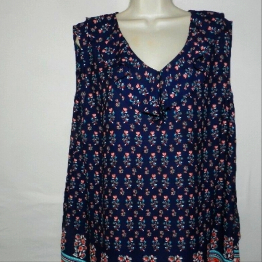 EUC Terra & Sky Blue Red Ruffle Top High Low Hem Size